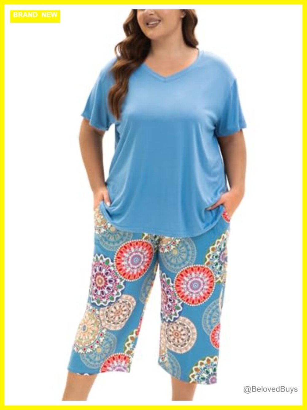 Women's Plus Size Pajama Set Short Sleeve V-Neck Capri Pants with Pockets